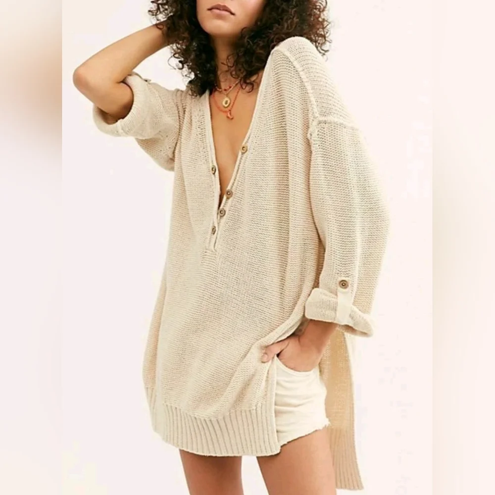 Free People We The Free Firefly Knit Tunic Top Sweater Size Small Cream